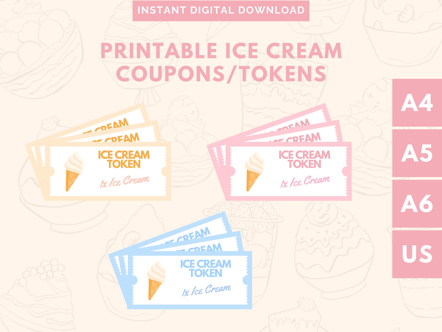 Printable Ice Cream Tokens / Gelato Coupons - Beautiful Blush Colors