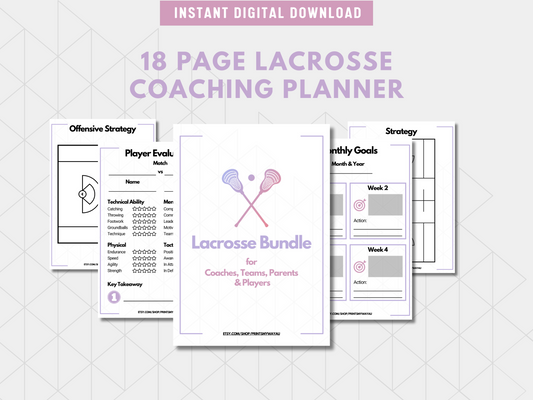 Lacrosse Coaching Sheet | Includes Player Evaluation, Game Day Strategy, Practice Plans & Substitution Trackers