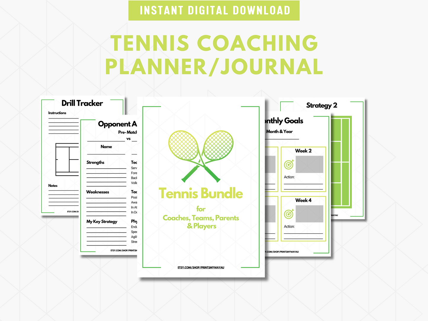 Tennis Coaching Sheets |  Printable Tennis Planner, Evaluation Sheets, Opponent Tracker, Match Day Analysis & Strategy Planner