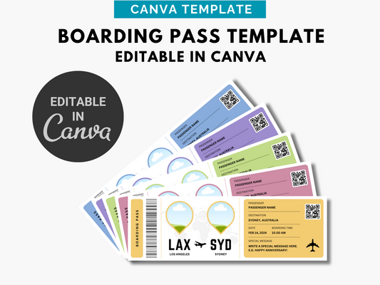 Boarding Pass Template | Editable Boarding Pass Ticket & Custom Plane Ticket - Canva Instant Digital Download