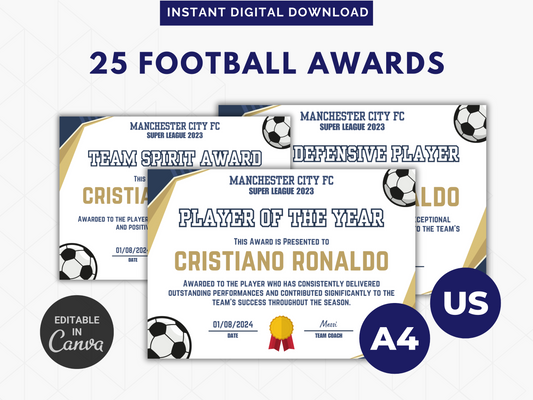 Soccer Award Certificates | Soccer Coach Sports Certificate | Football Awards | Editable Canva Template
