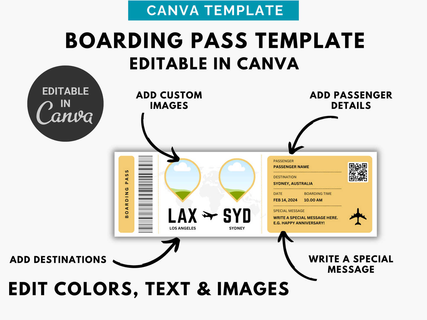 Boarding Pass Template | Editable Boarding Pass Ticket & Custom Plane Ticket - Canva Instant Digital Download