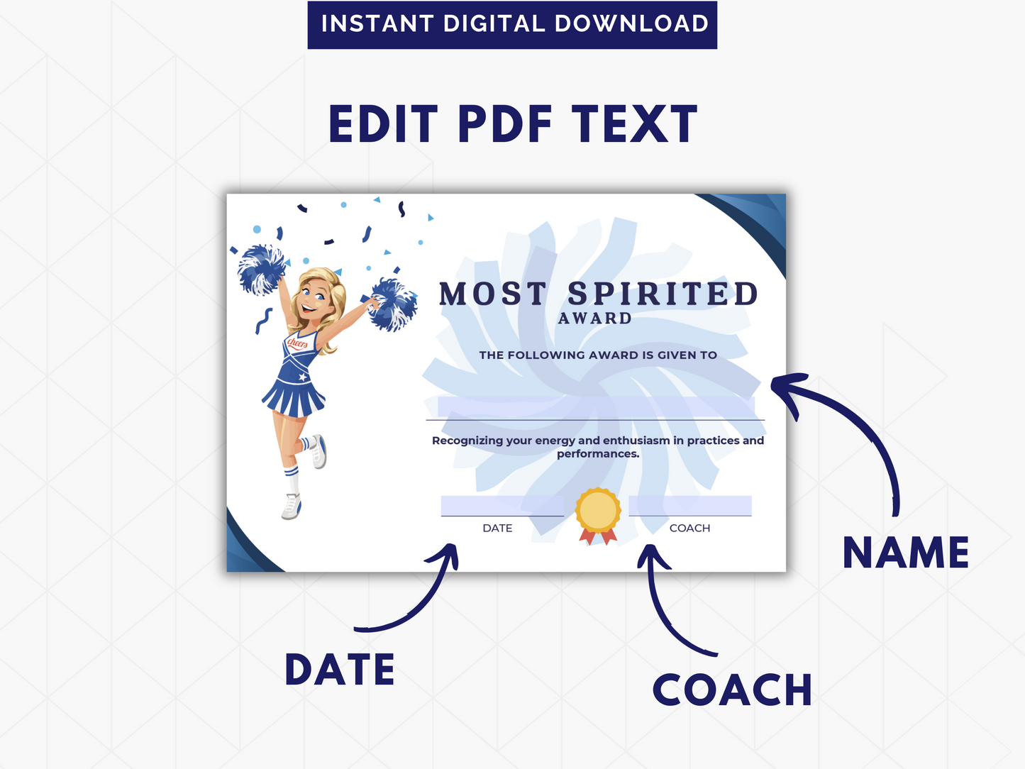Cheerleading Certificate Template | Cheerleading Award for Cheer Competitions & Cheerleader Awards | 21 Awards for your Cheering Squad