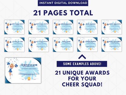 Cheerleading Certificate Template | Cheerleading Award for Cheer Competitions & Cheerleader Awards | 21 Awards for your Cheering Squad