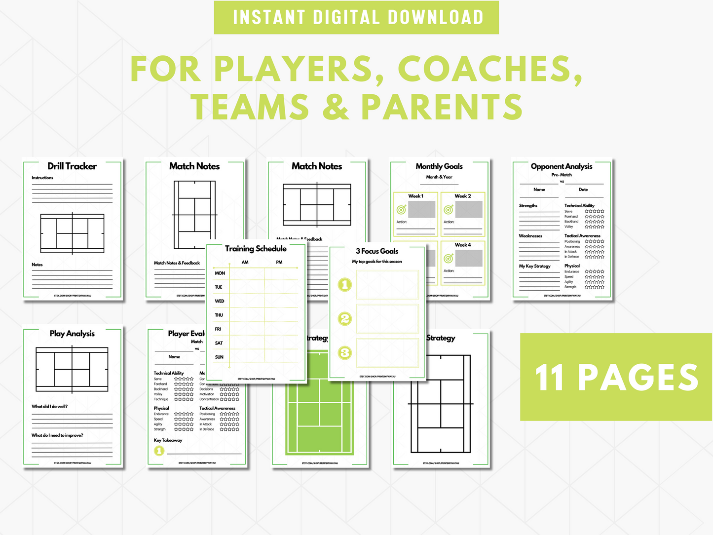 Tennis Coaching Sheets |  Printable Tennis Planner, Evaluation Sheets, Opponent Tracker, Match Day Analysis & Strategy Planner