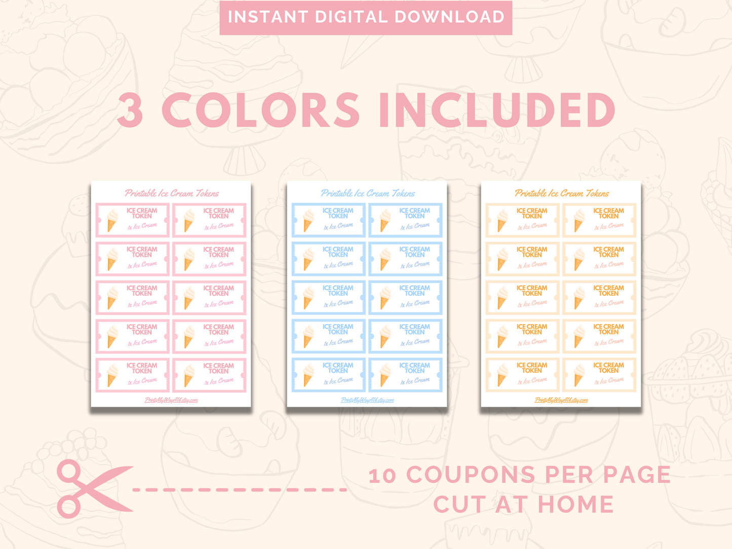 Printable Ice Cream Tokens / Gelato Coupons - Beautiful Blush Colors